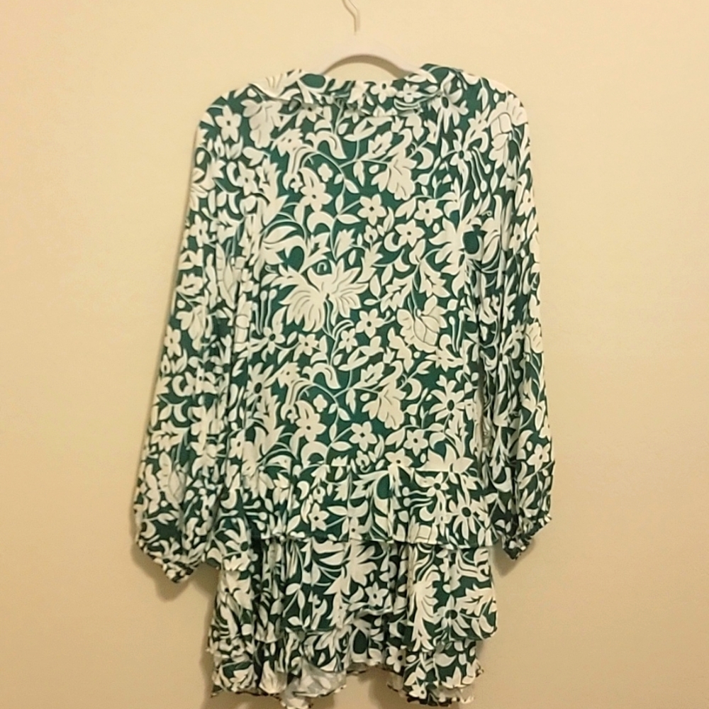 FREE PEOPLE REBECCA Womens Sz S Green Cream Floral Long Sleeve Ruffle Boho Dress